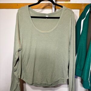 Old Navy UltraLite Rib-Knit Long-Sleeve Scoop-Neck Top in sage green.